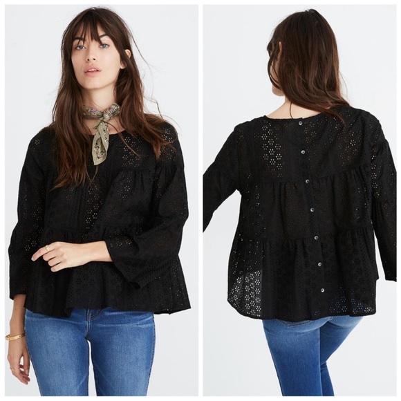 Madewell Tops - Madewell Black Eyelet Tiered Button-Back Blouse